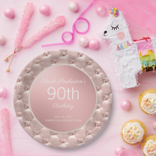 ピンクエレガントローズ金ゴールド90誕生日 ペーパープレート (パーティー)