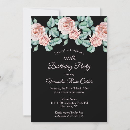 ピンクエレガントローズ黒フローラ誕生会 招待状 (正面)