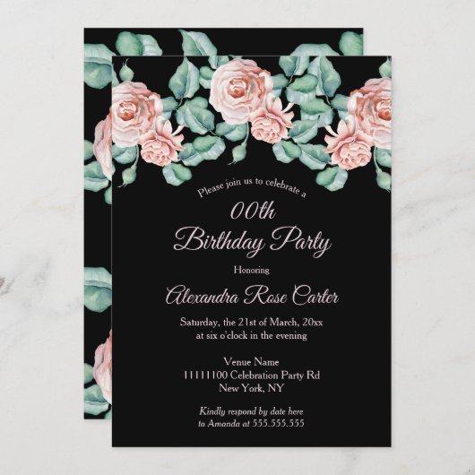 ピンクエレガントローズ黒フローラ誕生会 招待状 (正面/裏面)