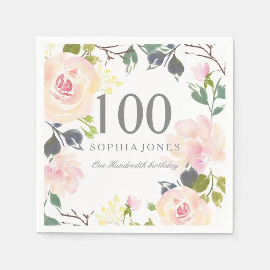 ピンクエレガントローズ100th誕生日パーティー スタンダードカクテルナプキン (正面)