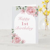 ピンクエレガントローズ1st誕生日パーティー カード (黄色い花)