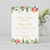 ピンクエレガントローズ&ゴールドフォイルブライダルシャワー 箔招待状 (立ち正面)