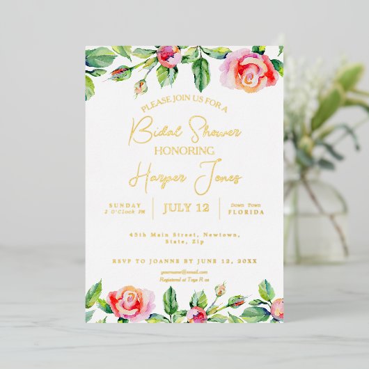 ピンクエレガントローズ&ゴールドフォイルブライダルシャワー 箔招待状 (立ち正面)