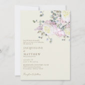 ピンクエレガントローズ&ピーニーイエロー結婚ズ 招待状 (正面)