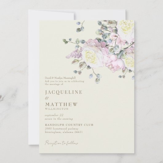 ピンクエレガントローズ&ピーニーイエロー結婚ズ 招待状 (正面)