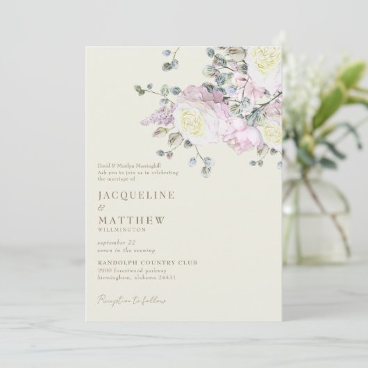 ピンクエレガントローズ&ピーニーイエロー結婚ズ 招待状 (スタンド正面)