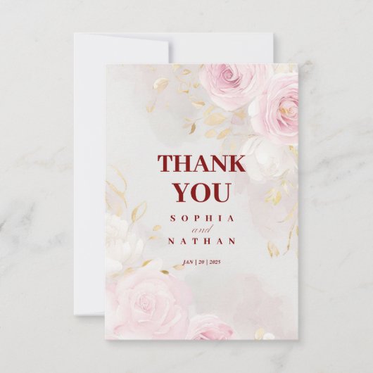 ピンクエレガントローズ&金ゴールドありがとう結婚カード サンキューカード (正面)