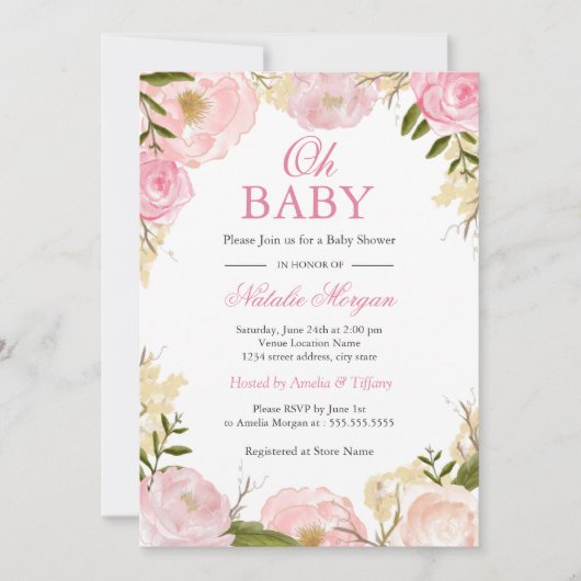 ピンクエレガントローズOHベビーシャワーカード 招待状 (正面)