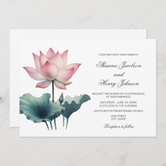 ピンクエレガントロータスフラワー結婚式招待状 招待状 (正面/裏面)