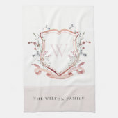 ピンクエレガントワイルドフラワーの水彩クレストモノグラム キッチンタオル (縦)