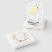 ピンクエレガントワイルドフラワーの水彩クレストモノグラム ストーンコースター (横)