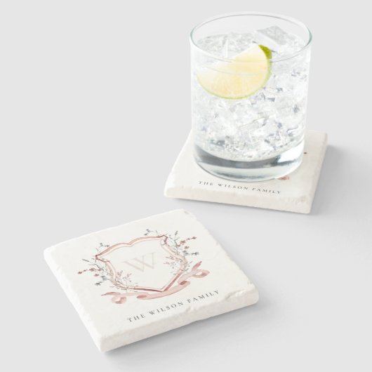 ピンクエレガントワイルドフラワーの水彩クレストモノグラム ストーンコースター (横)