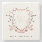 ピンクエレガントワイルドフラワーの水彩クレストモノグラム ストーンコースター (正面)