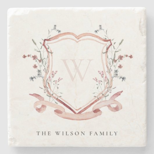 ピンクエレガントワイルドフラワーの水彩クレストモノグラム ストーンコースター (正面)