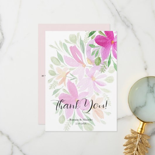 ピンクエレガントワイルドフラワーウォータカラーアート サンキューカード (正面/裏面インサイチュ)