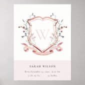 ピンクエレガントワイルドフラワークレストモノグラム誕生スタット ポスター (正面)