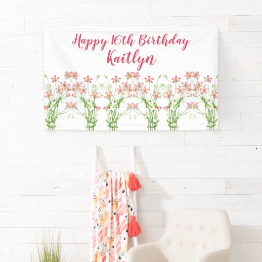 ピンクエレガントワイルドフラワーズ16誕生日パーソナル 横断幕 (インサイチュ)