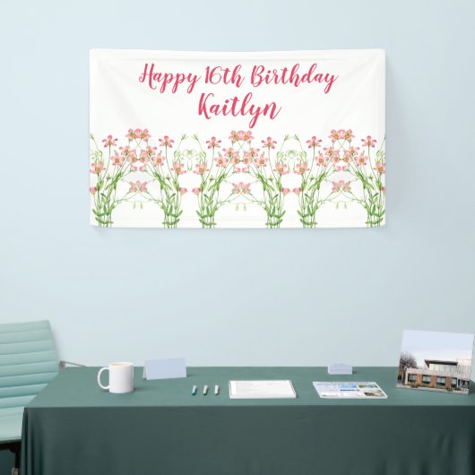 ピンクエレガントワイルドフラワーズ16誕生日パーソナル 横断幕 (トレードショー)