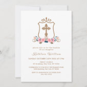 ピンクエレガントワイルドフラワーバラクロスクレストバプテスマ 招待状 (正面)