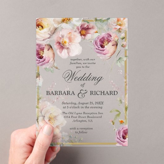 ピンクエレガントワイルドフラワーフローラウォーター結婚カラー アクリル招待状 (インサイチュ (ポータブル))