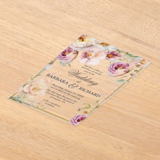 ピンクエレガントワイルドフラワーフローラウォーター結婚カラー アクリル招待状 (レイダウン)