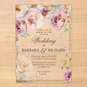 ピンクエレガントワイルドフラワーフローラウォーター結婚カラー アクリル招待状 (正面)