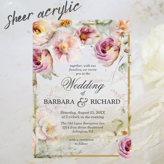 ピンクエレガントワイルドフラワーフローラウォーター結婚カラー アクリル招待状
