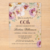 ピンクエレガントワイルドフラワーフローラ60th誕生日パーティー アクリル招待状 (正面)