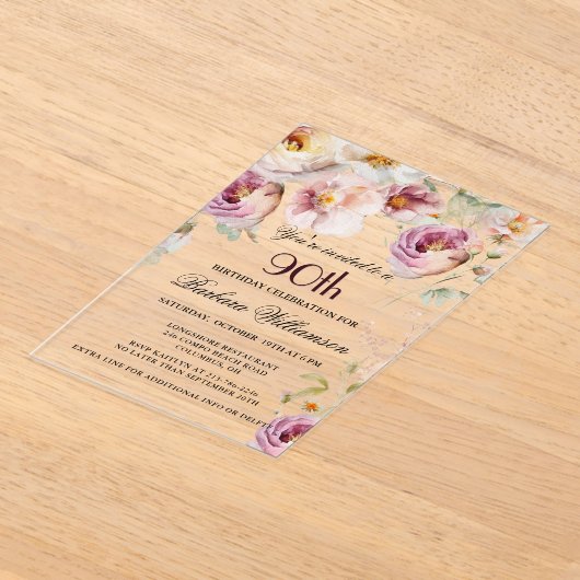 ピンクエレガントワイルドフラワーフローラ90th誕生日パーティー アクリル招待状 (レイダウン)