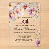 ピンクエレガントワイルドフラワーフローラ90th誕生日パーティー アクリル招待状 (正面)