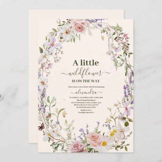 ピンクエレガントワイルドフラワーボホベイビーシャワー 招待状 (正面/裏面)