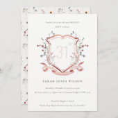 ピンクエレガントワイルドフラワーモノグラムクレスト誕生日 招待状 (正面/裏面)