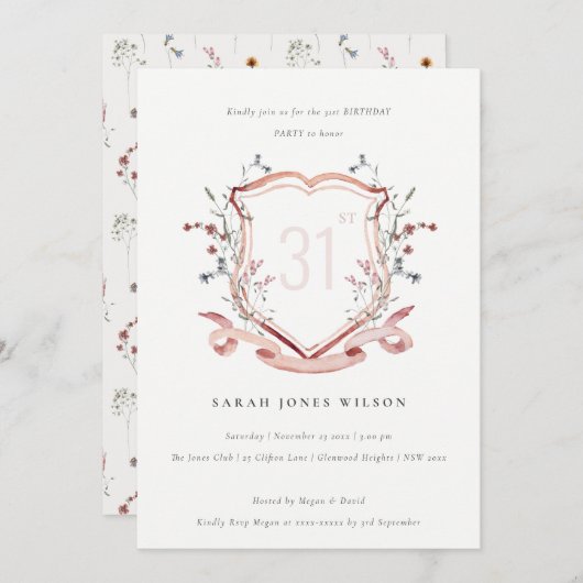 ピンクエレガントワイルドフラワーモノグラムクレスト誕生日 招待状 (正面/裏面)