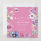 ピンクエレガントワイルドフラワーリースガールバプテスマ 招待状 (正面)