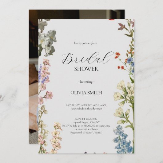 ピンクエレガントワイルドフラワー素朴ボホブライダルシャワー 招待状 (正面/裏面)