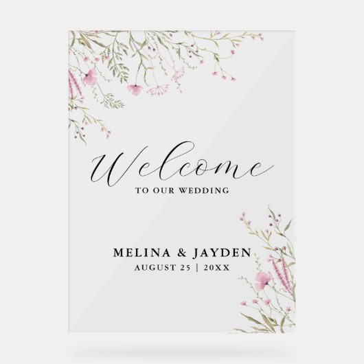 ピンクエレガントワイルドフローラシンプルの結婚歓迎 アクリルサイン (正面)