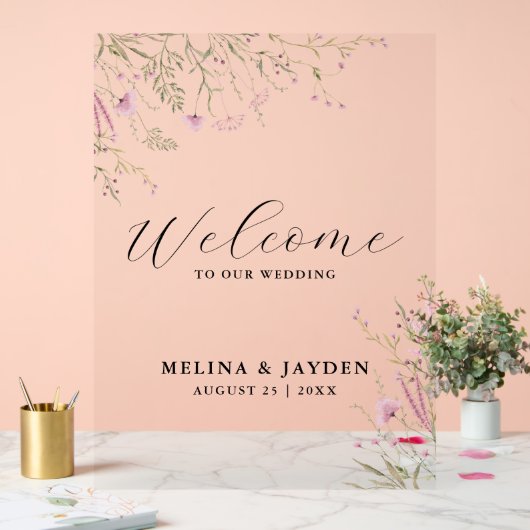 ピンクエレガントワイルドフローラシンプルの結婚歓迎 アクリルサイン (ウェディング)