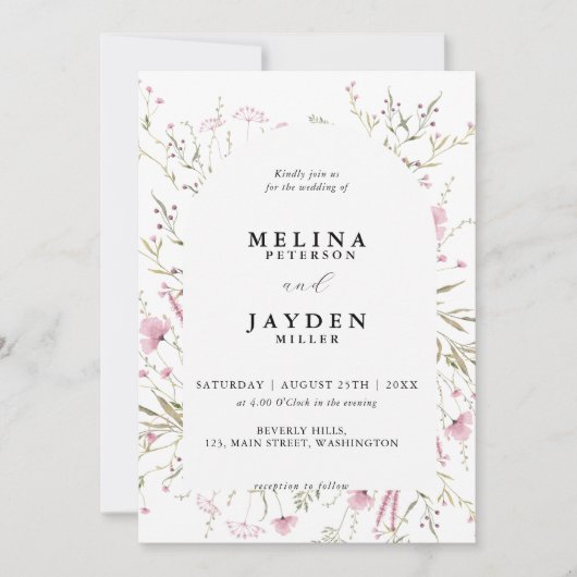 ピンクエレガントワイルドフローラ結婚アーチ 招待状 (正面)