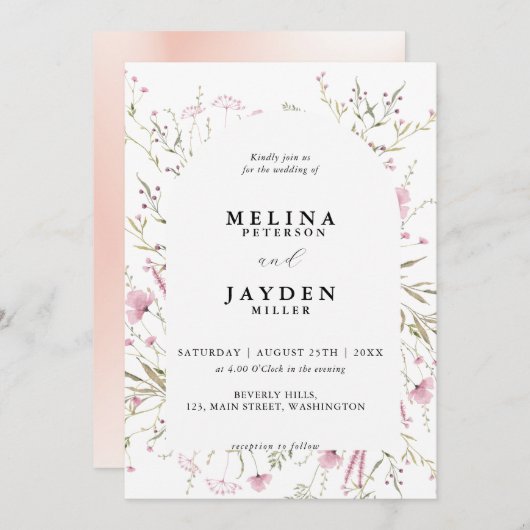 ピンクエレガントワイルドフローラ結婚アーチ 招待状 (正面/裏面)