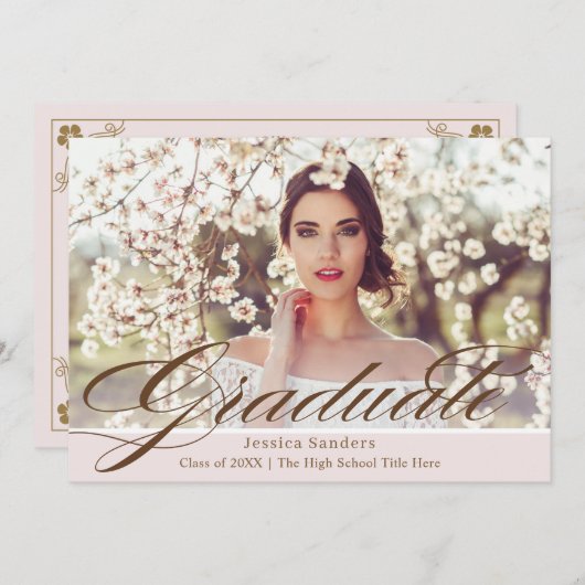 ピンクエレガントヴィンテージスクリプトフォト卒業パーティー 招待状 (正面/裏面)