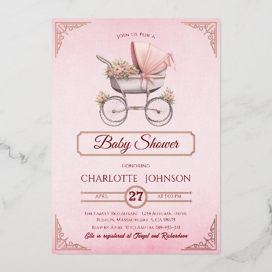 ピンクエレガントヴィンテージフォイル赤ちゃんシャワー招待状 箔招待状 (正面)