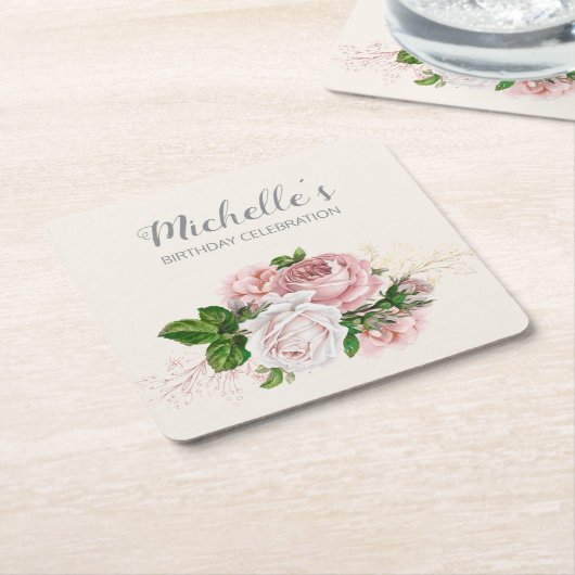 ピンクエレガントヴィンテージフローラ誕生会 スクエアペーパーコースター (アングル)