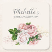 ピンクエレガントヴィンテージフローラ誕生会 スクエアペーパーコースター (正面)