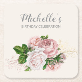 ピンクエレガントヴィンテージフローラ誕生会 スクエアペーパーコースター