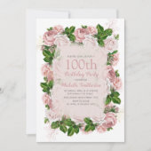 ピンクエレガントヴィンテージフローラ100th誕生日パーティー 招待状 (正面)