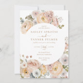 ピンクエレガントヴィンテージフローラQRコードフォト結婚ズ 招待状 (正面)