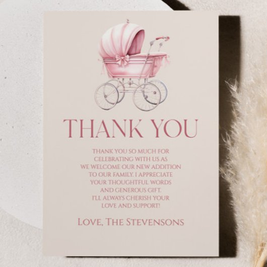 ピンクエレガントヴィンテージベビーキャリッジベビーシャワー サンキューカード
