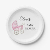 ピンクエレガントヴィンテージベビーキャリッジベビーシャワー ペーパープレート (正面)