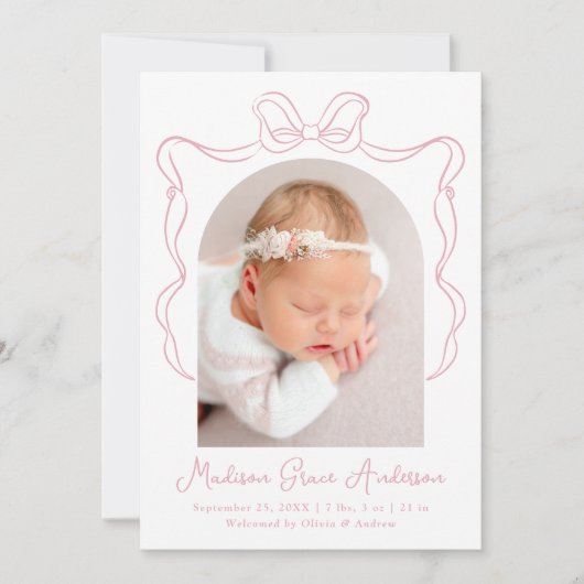 ピンクエレガントヴィンテージボウフォト誕生 案内状 (正面)