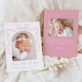 ピンクエレガントヴィンテージボウフォト誕生 案内状